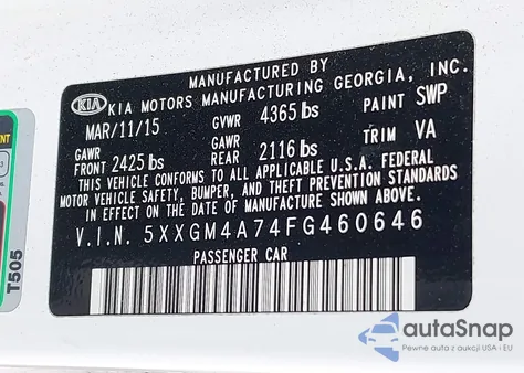 2015 Kia Optima Lx из США, поврежденный, VIN 5XXGM4A74FG460646